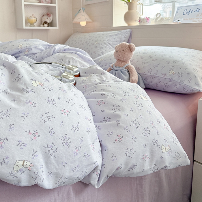 91家纺网 家纺一手货源 找家纺 罗亿家纺 2026年新款泡芙水洗棉双层纱四件套 薰衣草小兔