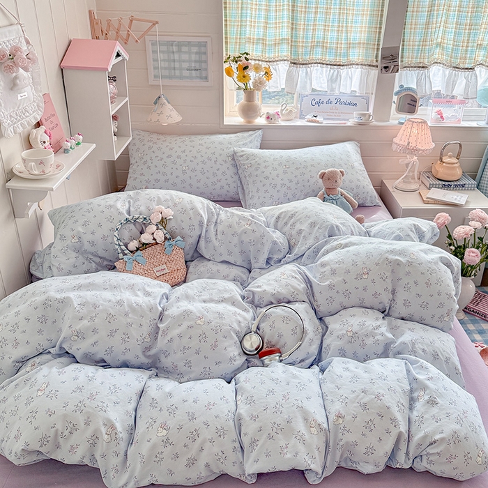 罗亿家纺 2026年新款泡芙水洗棉双层纱四件套 薰衣草小兔