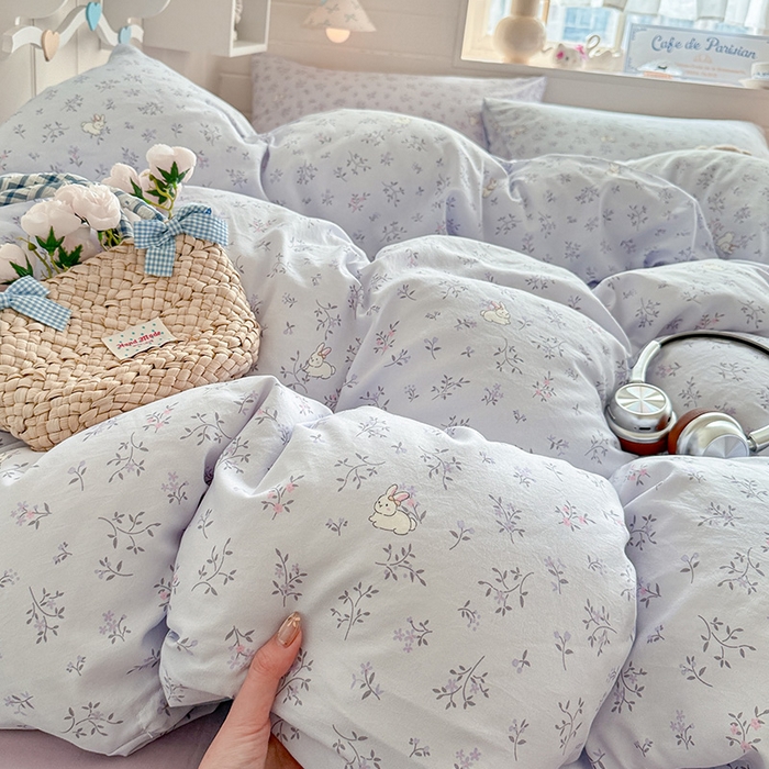 91家纺网 家纺一手货源 找家纺 罗亿家纺 2026年新款泡芙水洗棉双层纱四件套 薰衣草小兔