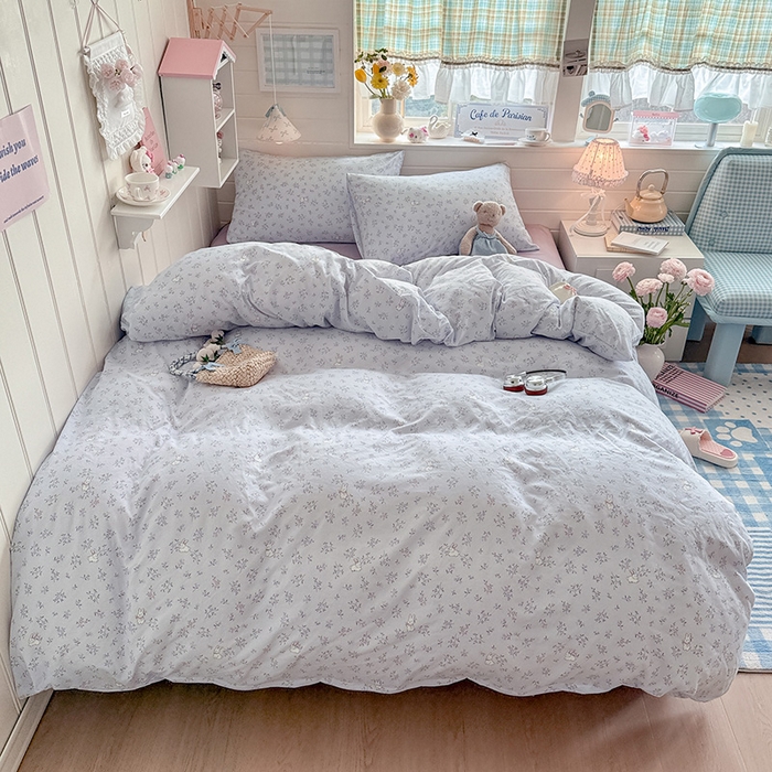 91家纺网 家纺一手货源 找家纺 罗亿家纺 2026年新款泡芙水洗棉双层纱四件套 薰衣草小兔