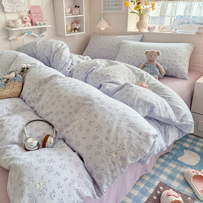 91家纺网 家纺一手货源 找家纺 罗亿家纺 2026年新款泡芙水洗棉双层纱四件套 薰衣草小兔