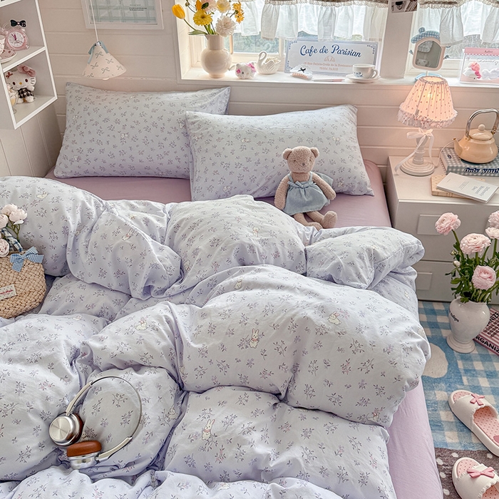 91家纺网 家纺一手货源 找家纺 罗亿家纺 2026年新款泡芙水洗棉双层纱四件套 薰衣草小兔