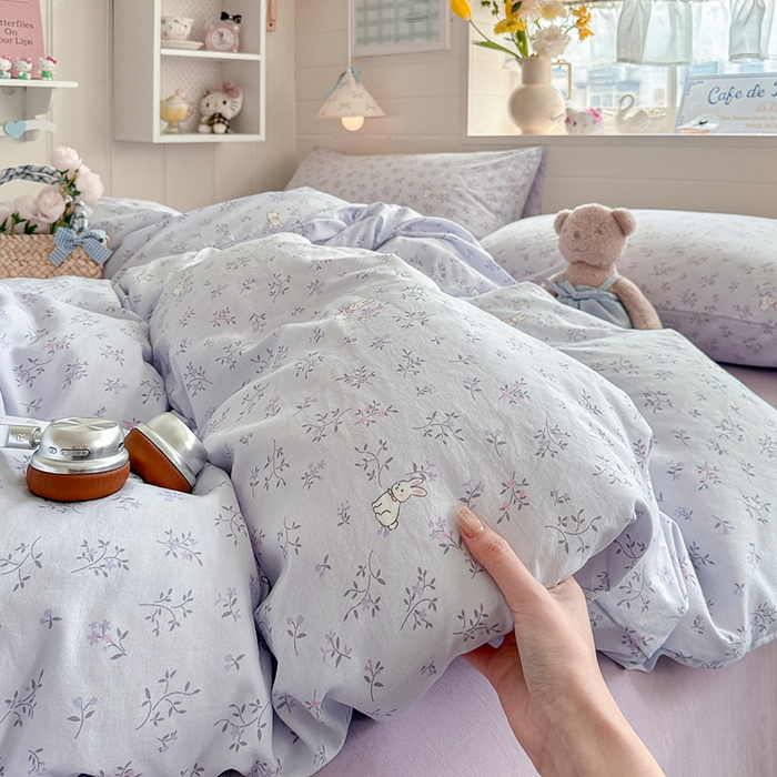 91家纺网 家纺一手货源 找家纺 罗亿家纺 2026年新款泡芙水洗棉双层纱四件套 薰衣草小兔