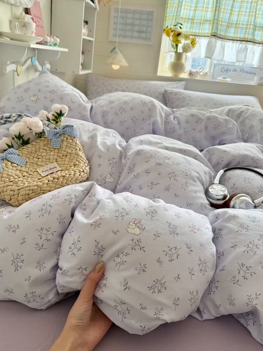 91家纺网 家纺一手货源 找家纺 罗亿家纺 2026年新款泡芙水洗棉双层纱四件套 薰衣草小兔