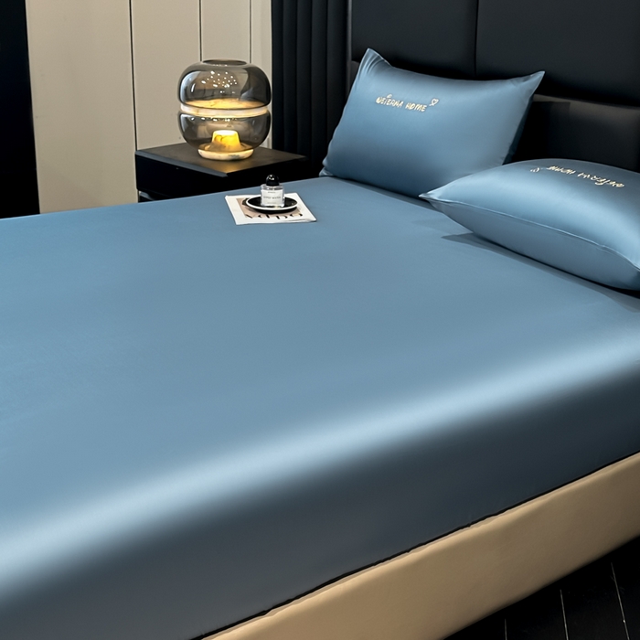 91家纺网 家纺一手货源 找家纺 利欧 2026新款水洗真丝-LI利-单床笠床笠三件套 利-宾利蓝