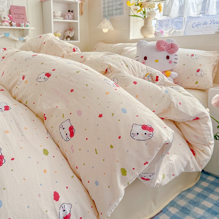 91家纺网 家纺一手货源 找家纺 罗亿家纺 2026年新款泡芙水洗棉双层纱四件套 芝士奶猫