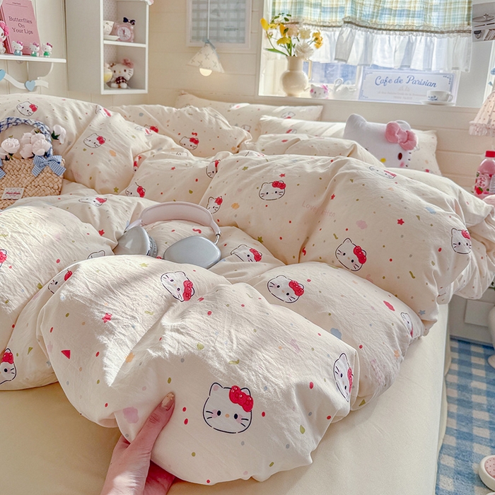 91家纺网 家纺一手货源 找家纺 罗亿家纺 2026年新款泡芙水洗棉双层纱四件套 芝士奶猫