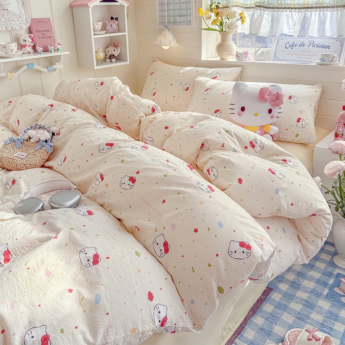 91家纺网 家纺一手货源 找家纺 罗亿家纺 2026年新款泡芙水洗棉双层纱四件套 芝士奶猫