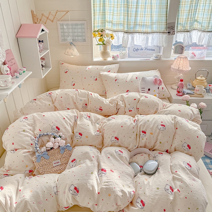 罗亿家纺 2026年新款泡芙水洗棉双层纱四件套 芝士奶猫