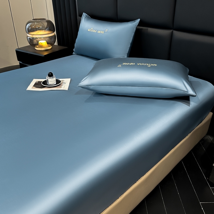 91家纺网 家纺一手货源 找家纺 利欧 2026新款水洗真丝-LI利-单床笠床笠三件套 利-宾利蓝