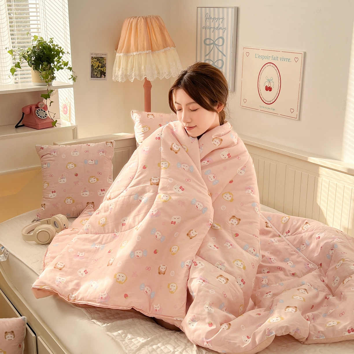 91家纺网 家纺一手货源 找家纺 番茄+ 2026新款全棉纯棉13070小清新卡通全棉系列抱枕被 可爱糖果猫