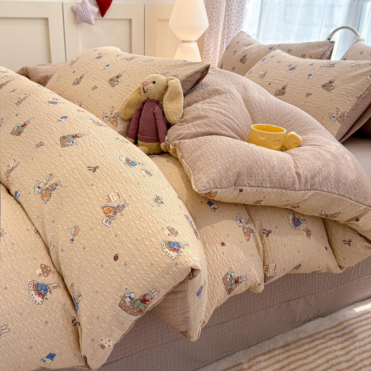 竹合家纺 2026春夏新品高克重A类泡芙纱泡泡皱皱纱四件套 彼得兔