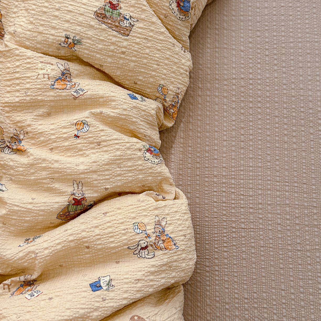 91家纺网 家纺一手货源 找家纺 竹合家纺 2026春夏新品高克重A类泡芙纱泡泡皱皱纱四件套 彼得兔