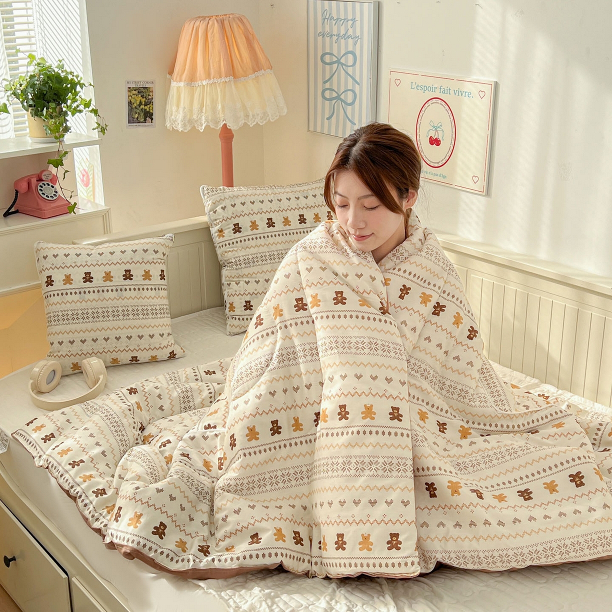 91家纺网 家纺一手货源 找家纺 番茄+ 2026新款全棉纯棉13070小清新卡通全棉系列抱枕被 费尔岛-焦糖小熊