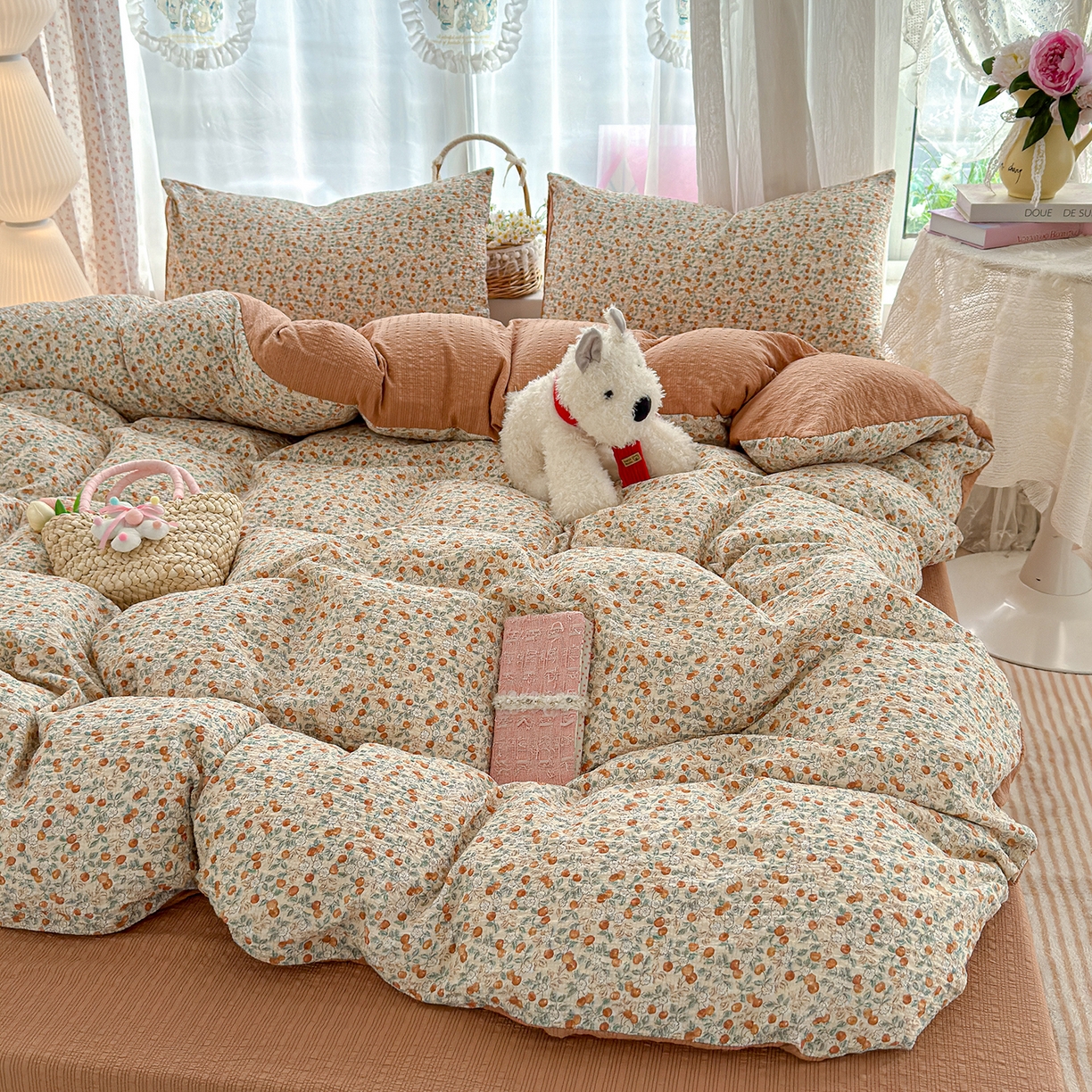 91家纺网 家纺一手货源 找家纺 竹合家纺 2026春夏新品高克重A类泡芙纱泡泡皱皱纱四件套 桔果