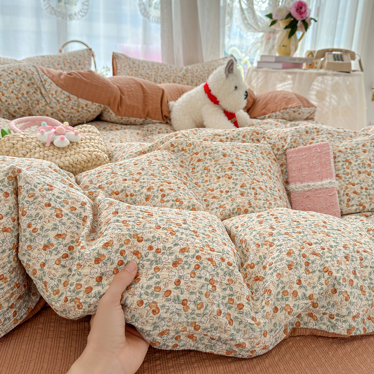 91家纺网 家纺一手货源 找家纺 竹合家纺 2026春夏新品高克重A类泡芙纱泡泡皱皱纱四件套 桔果