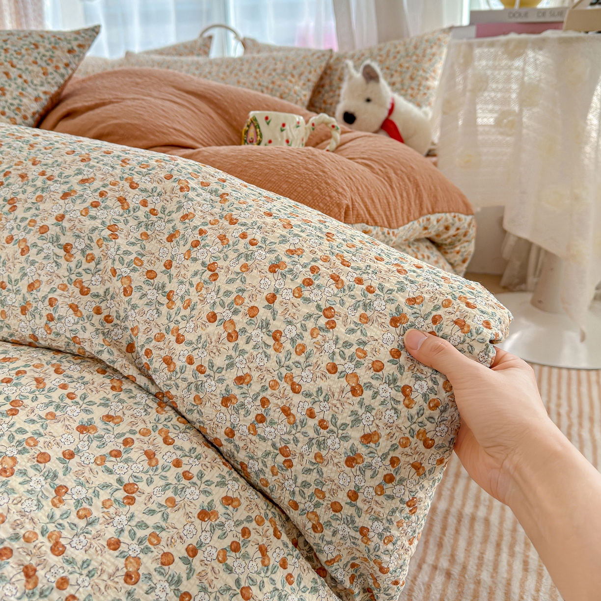 91家纺网 家纺一手货源 找家纺 竹合家纺 2026春夏新品高克重A类泡芙纱泡泡皱皱纱四件套 桔果