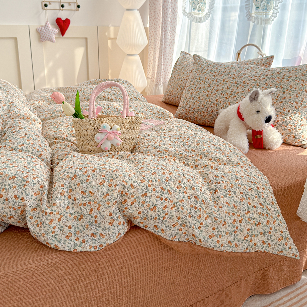 91家纺网 家纺一手货源 找家纺 竹合家纺 2026春夏新品高克重A类泡芙纱泡泡皱皱纱四件套 桔果