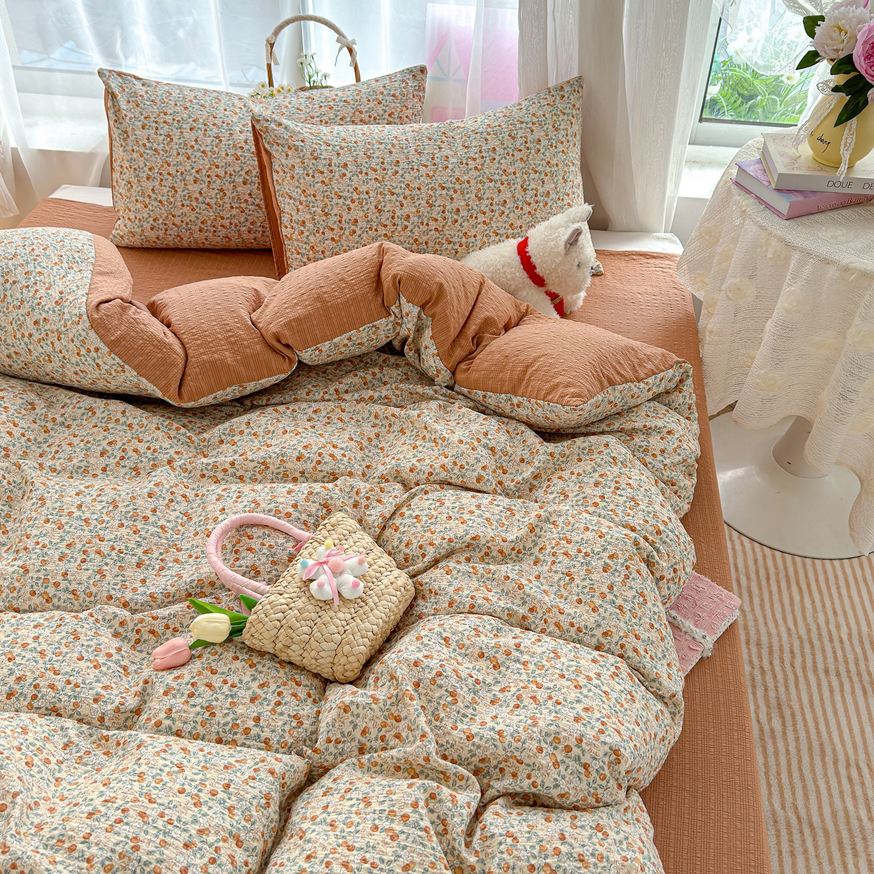 91家纺网 家纺一手货源 找家纺 竹合家纺 2026春夏新品高克重A类泡芙纱泡泡皱皱纱四件套 桔果