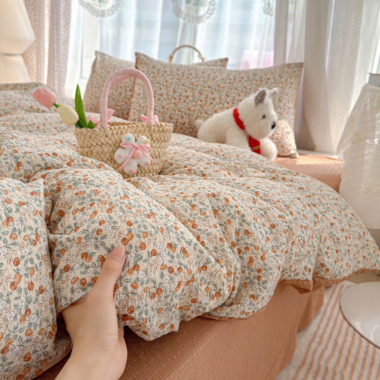 91家纺网 家纺一手货源 找家纺 竹合家纺 2026春夏新品高克重A类泡芙纱泡泡皱皱纱四件套 桔果