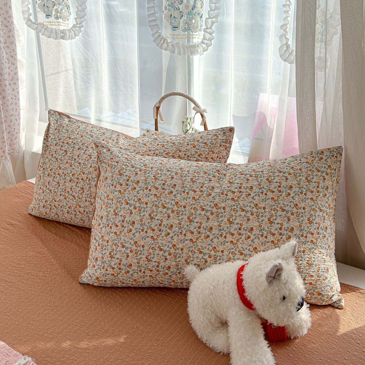 91家纺网 家纺一手货源 找家纺 竹合家纺 2026春夏新品高克重A类泡芙纱泡泡皱皱纱四件套 桔果