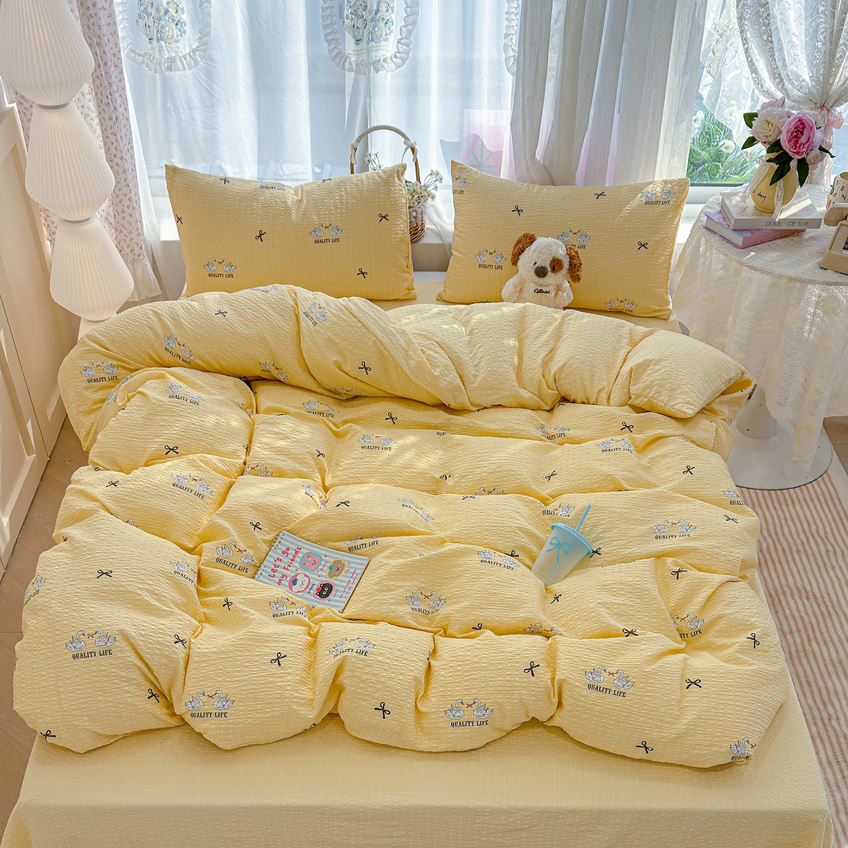 91家纺网 家纺一手货源 找家纺 竹合家纺 2026春夏新品高克重A类泡芙纱泡泡皱皱纱四件套 天鹅湖