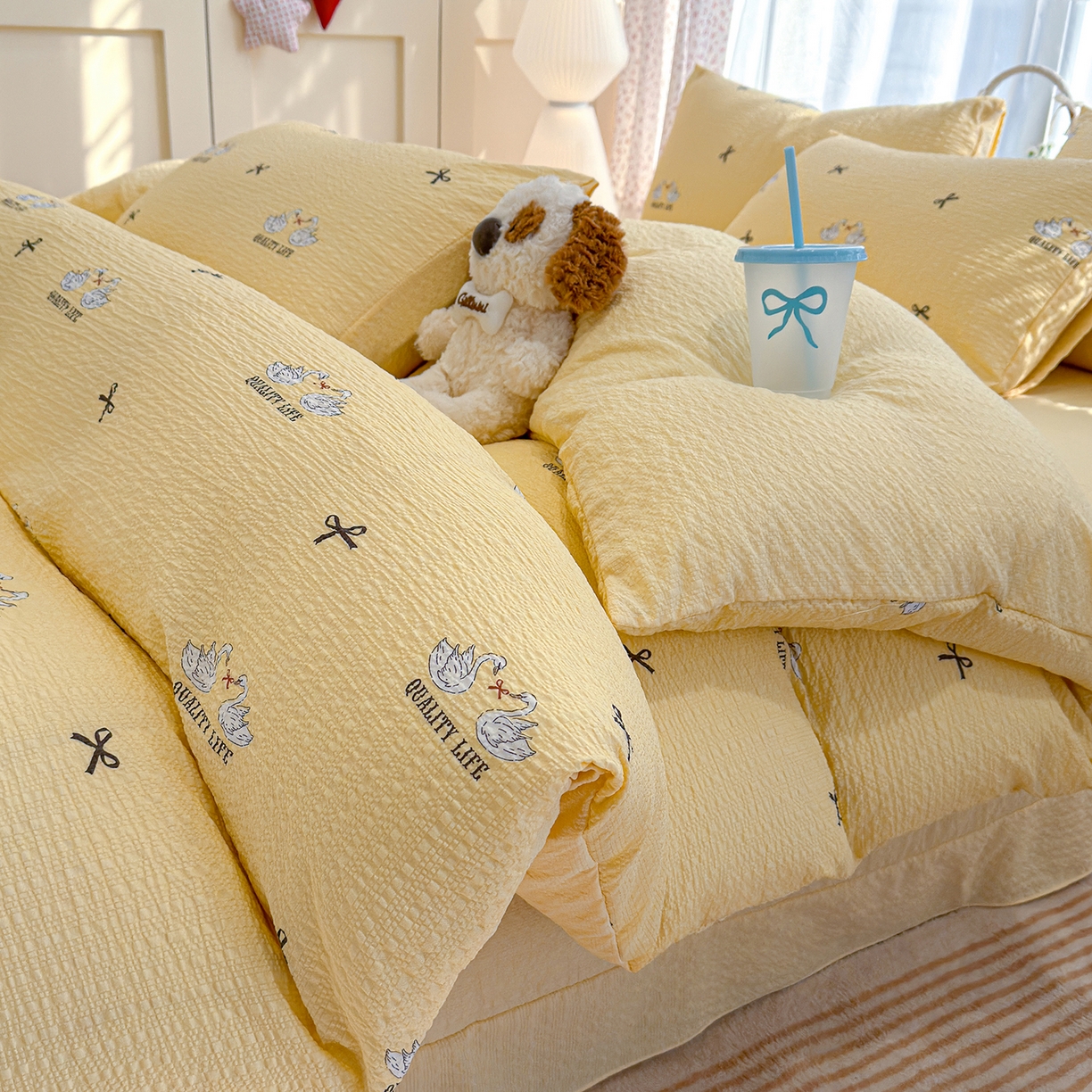 竹合家纺 2026春夏新品高克重A类泡芙纱泡泡皱皱纱四件套 天鹅湖