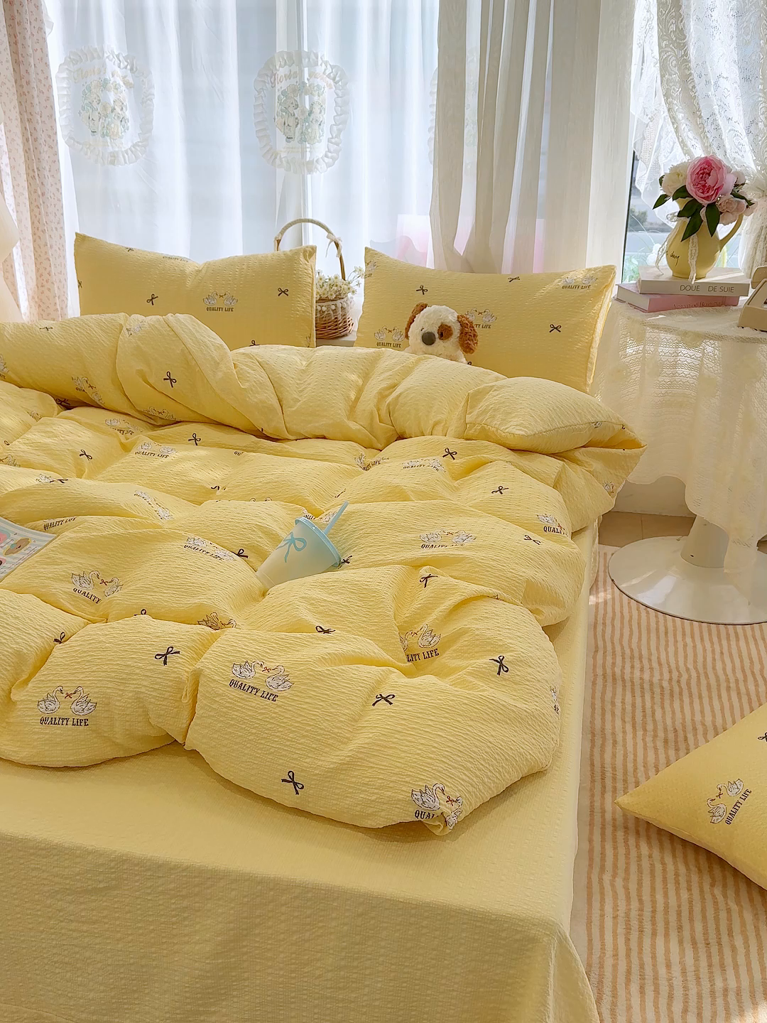 91家纺网 家纺一手货源 找家纺 竹合家纺 2026春夏新品高克重A类泡芙纱泡泡皱皱纱四件套 天鹅湖