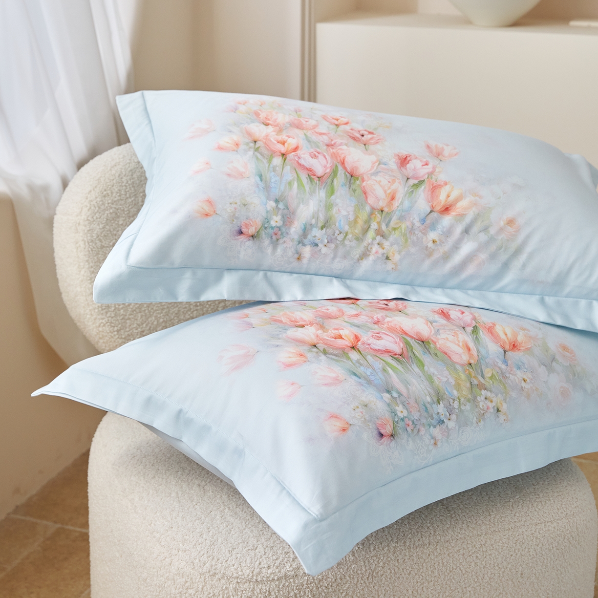 91家纺网 家纺一手货源 找家纺 梧桐树 2026新款60长绒棉平网大版系列四件套 P17烟雨江南 蓝