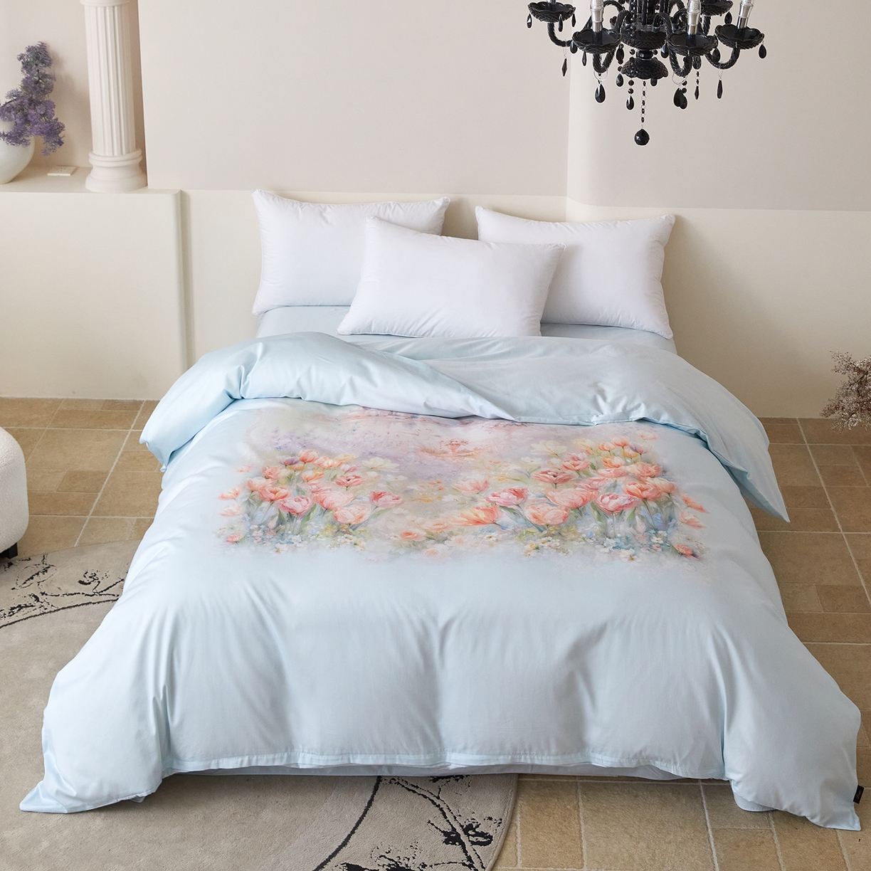 91家纺网 家纺一手货源 找家纺 梧桐树 2026新款60长绒棉平网大版系列四件套 P17烟雨江南 蓝