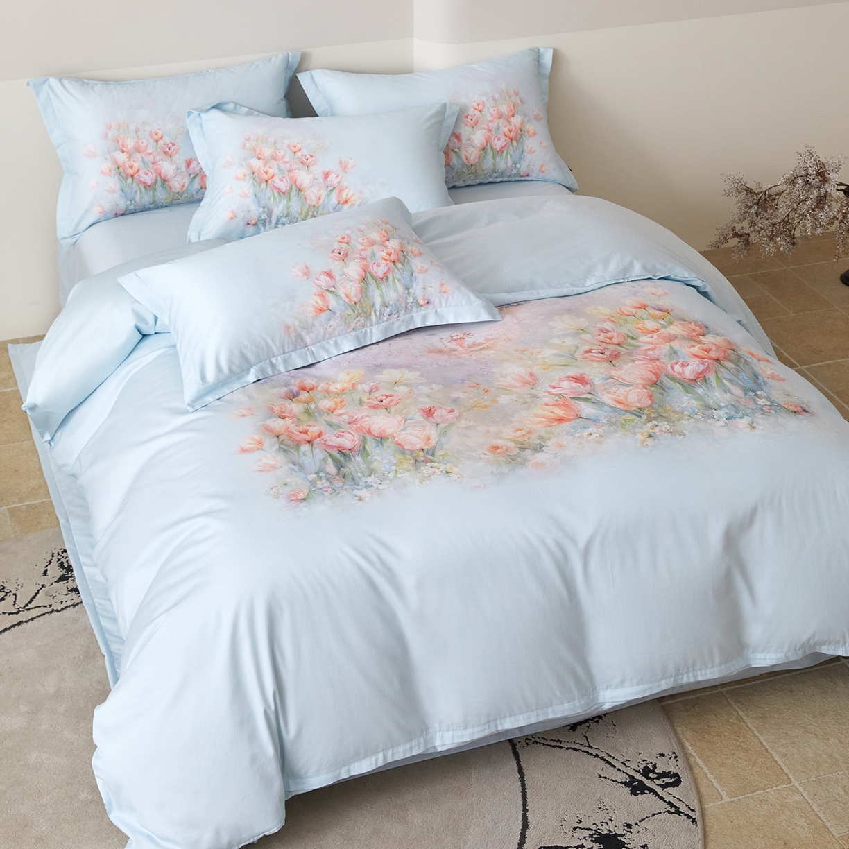 91家纺网 家纺一手货源 找家纺 梧桐树 2026新款60长绒棉平网大版系列四件套 P17烟雨江南 蓝