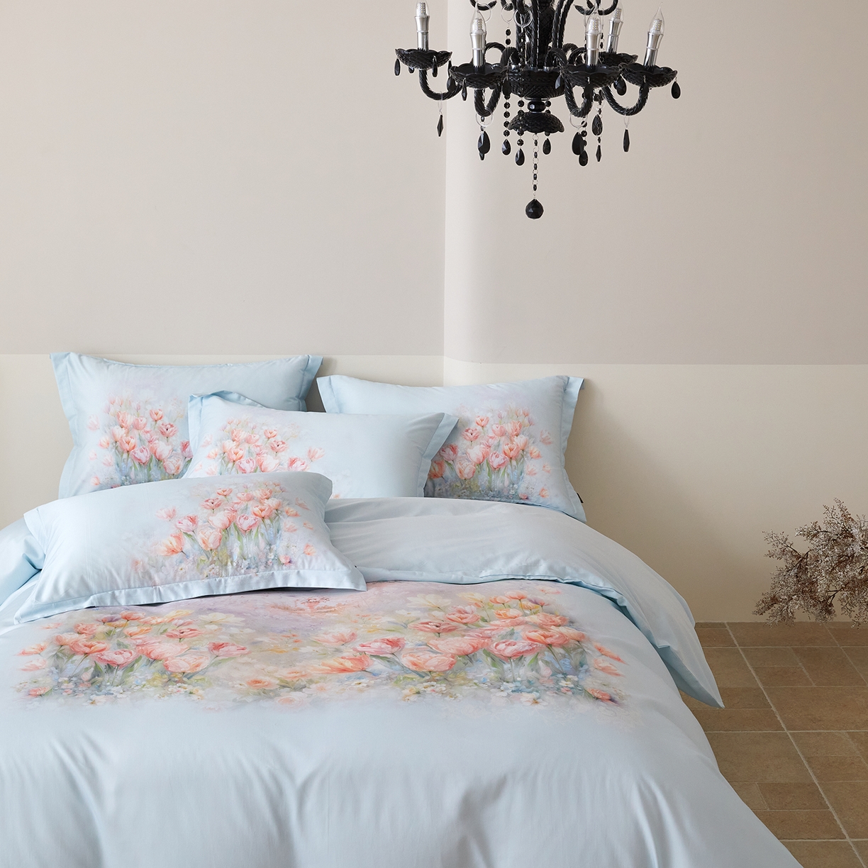 91家纺网 家纺一手货源 找家纺 梧桐树 2026新款60长绒棉平网大版系列四件套 P17烟雨江南 蓝