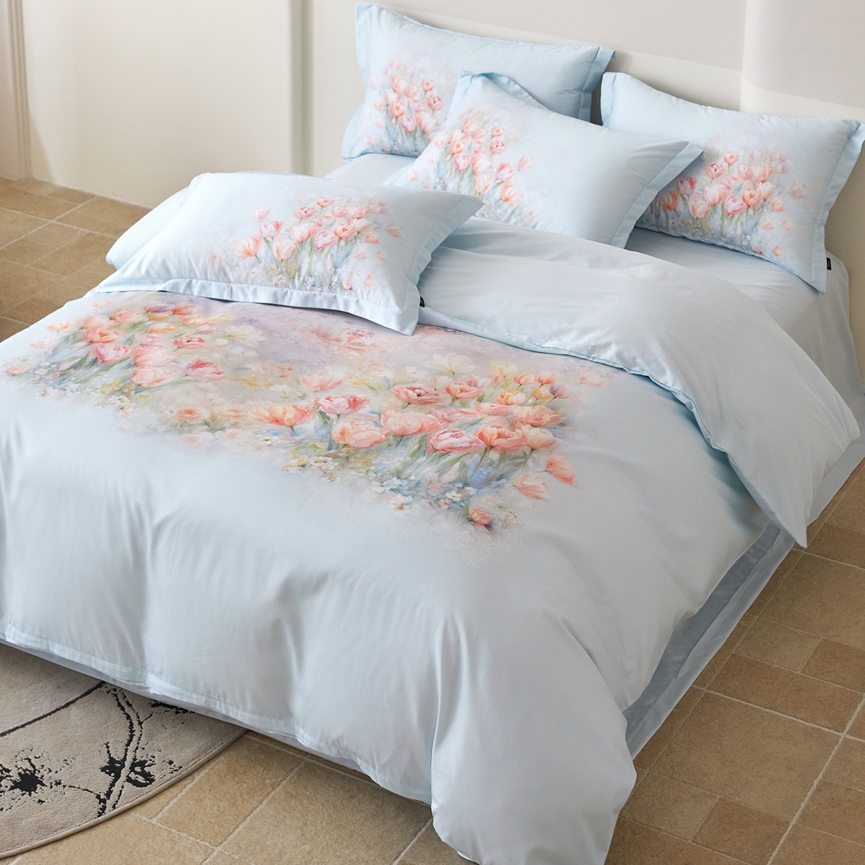 91家纺网 家纺一手货源 找家纺 梧桐树 2026新款60长绒棉平网大版系列四件套 P17烟雨江南 蓝