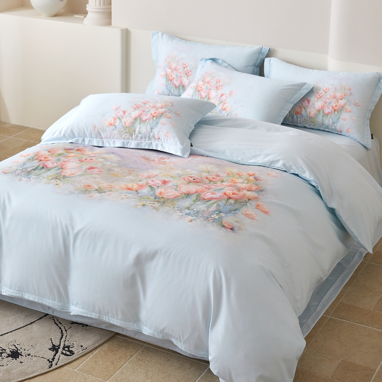 91家纺网 家纺一手货源 找家纺 梧桐树 2026新款60长绒棉平网大版系列四件套 P17烟雨江南 蓝