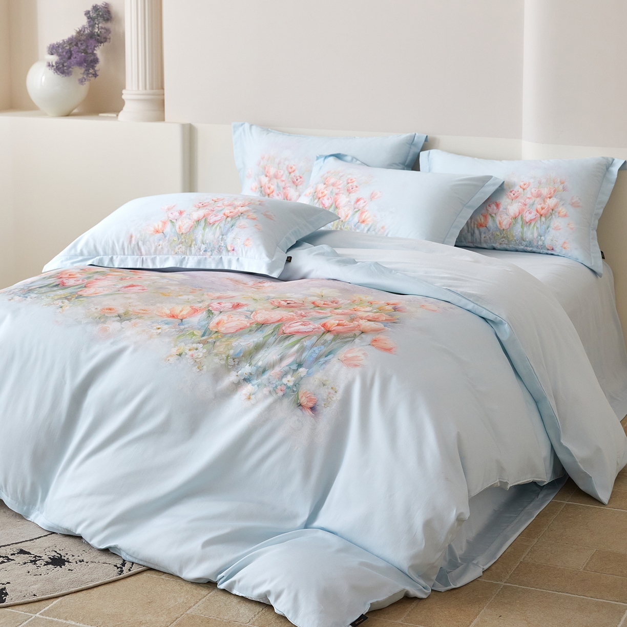 91家纺网 家纺一手货源 找家纺 梧桐树 2026新款60长绒棉平网大版系列四件套 P17烟雨江南 蓝