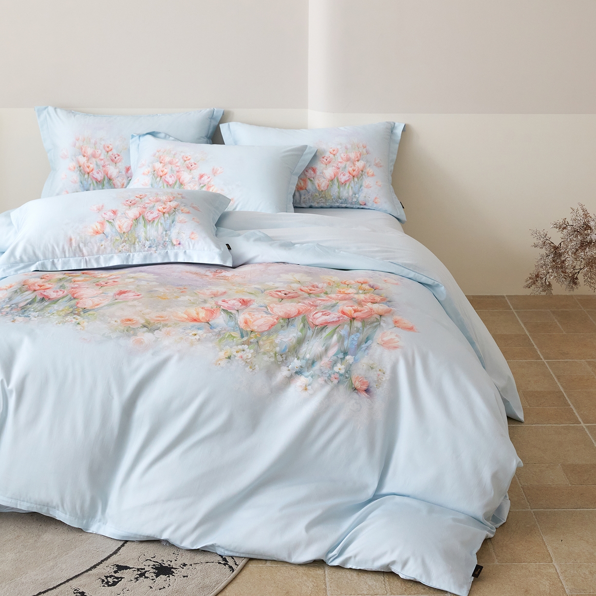 91家纺网 家纺一手货源 找家纺 梧桐树 2026新款60长绒棉平网大版系列四件套 P17烟雨江南 蓝