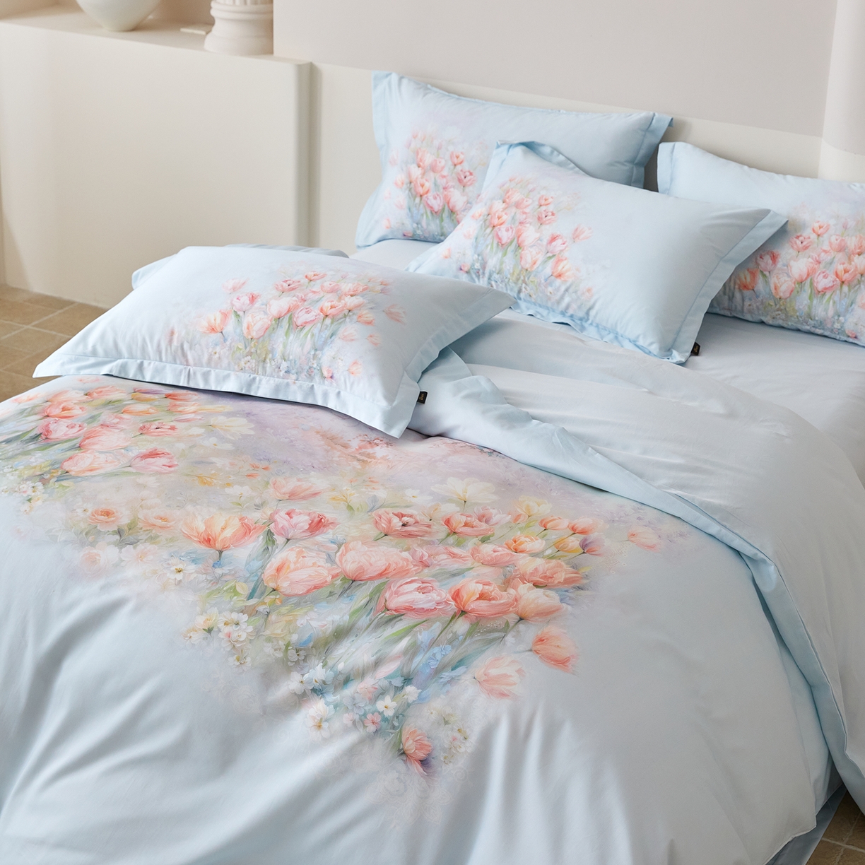 91家纺网 家纺一手货源 找家纺 梧桐树 2026新款60长绒棉平网大版系列四件套 P17烟雨江南 蓝