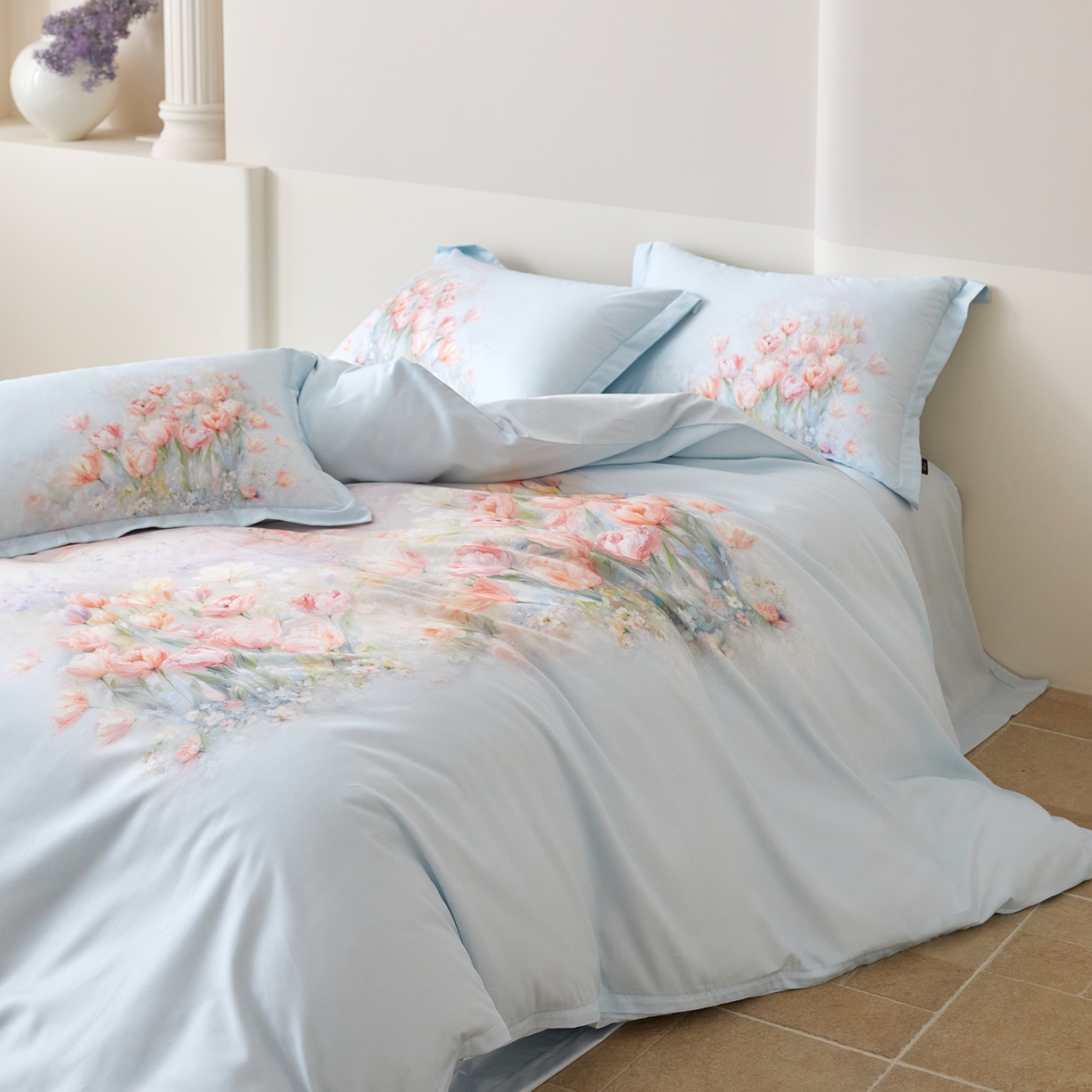 91家纺网 家纺一手货源 找家纺 梧桐树 2026新款60长绒棉平网大版系列四件套 P17烟雨江南 蓝