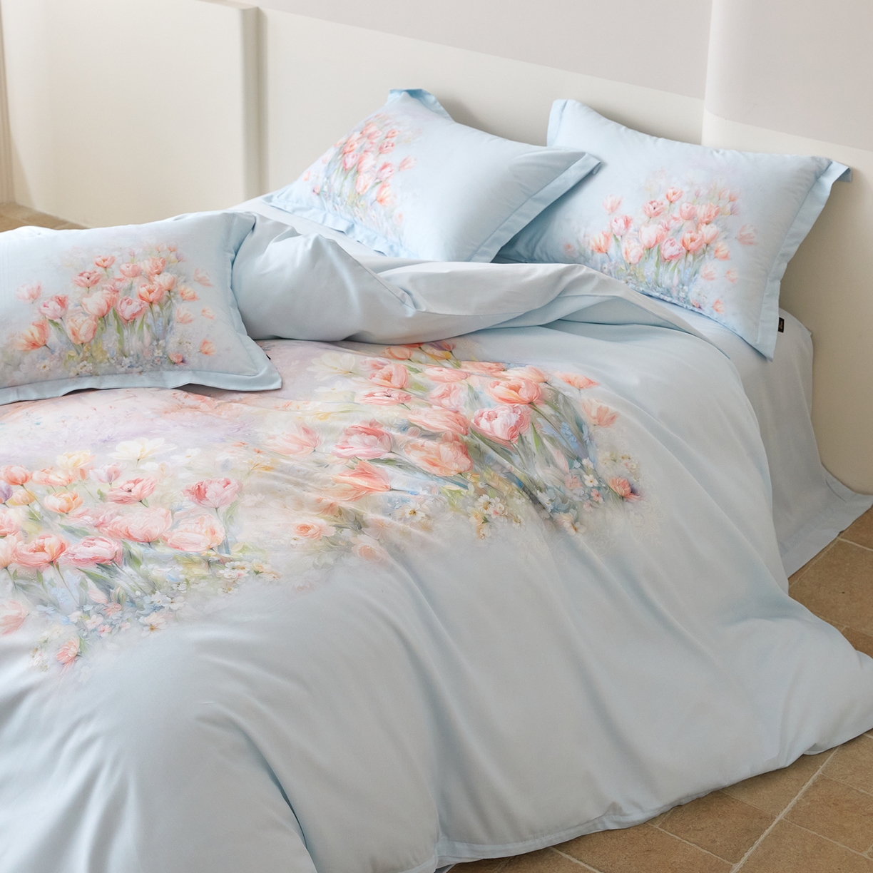 91家纺网 家纺一手货源 找家纺 梧桐树 2026新款60长绒棉平网大版系列四件套 P17烟雨江南 蓝