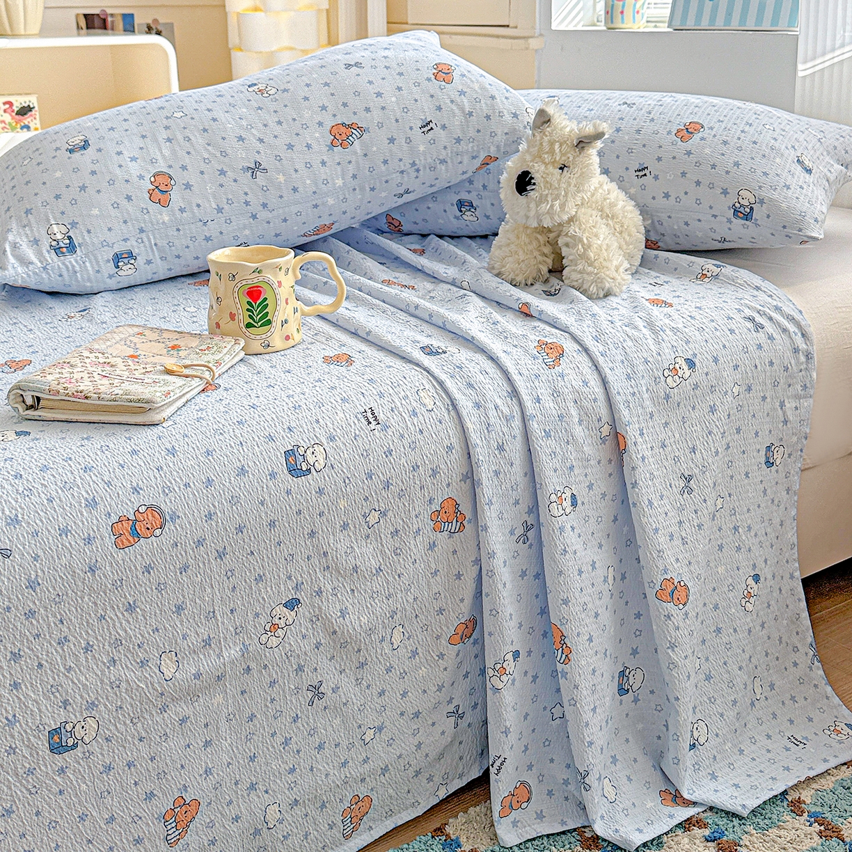 91家纺网 家纺一手货源 找家纺 仟人梦 2026新款云感双层纱印花单床单床单单件 淘气狗