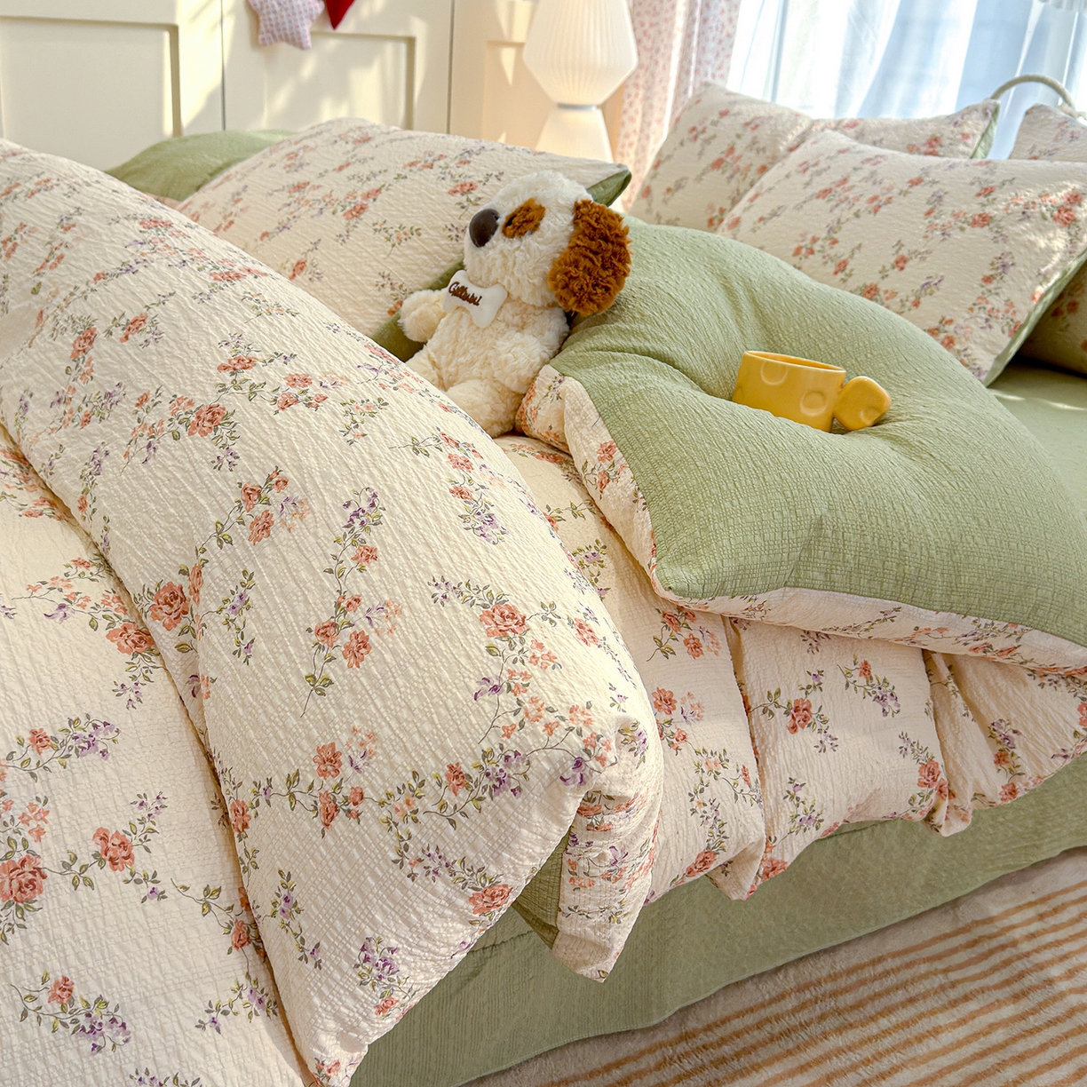 竹合家纺 2026春夏新品高克重A类泡芙纱泡泡皱皱纱四件套 山花漫