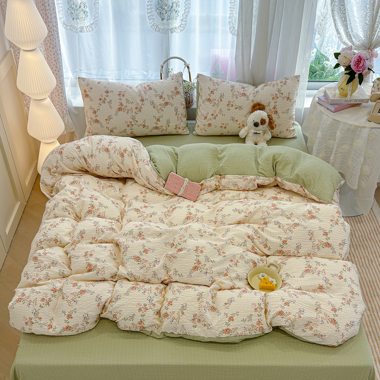 91家纺网 家纺一手货源 找家纺 竹合家纺 2026春夏新品高克重A类泡芙纱泡泡皱皱纱四件套 山花漫