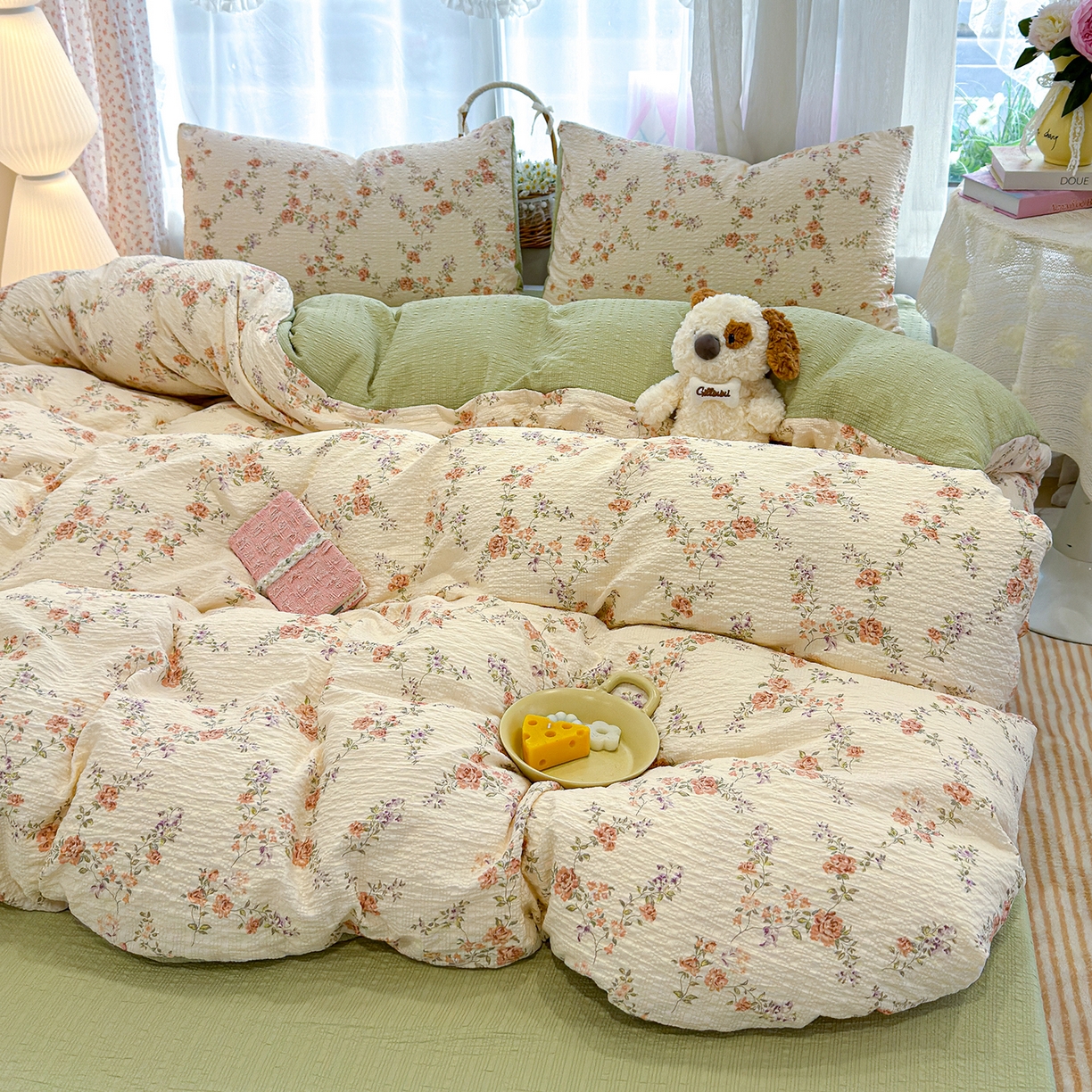 91家纺网 家纺一手货源 找家纺 竹合家纺 2026春夏新品高克重A类泡芙纱泡泡皱皱纱四件套 山花漫