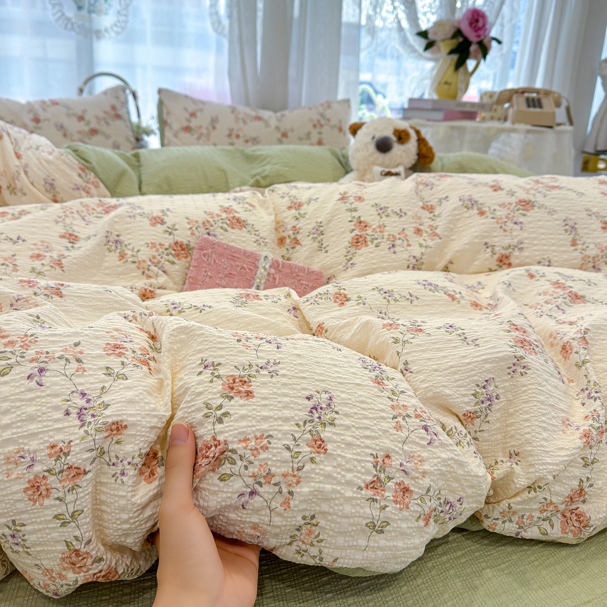 91家纺网 家纺一手货源 找家纺 竹合家纺 2026春夏新品高克重A类泡芙纱泡泡皱皱纱四件套 山花漫