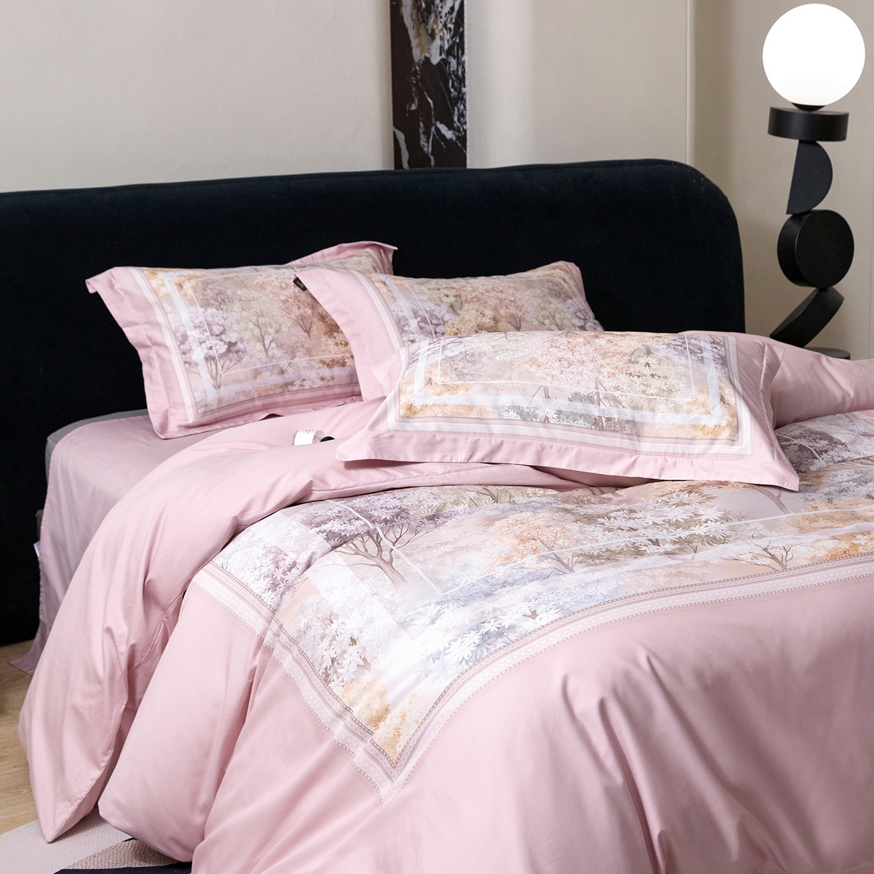 91家纺网 家纺一手货源 找家纺 梧桐树 2026新款60长绒棉平网大版系列四件套 P20锦瑟粉