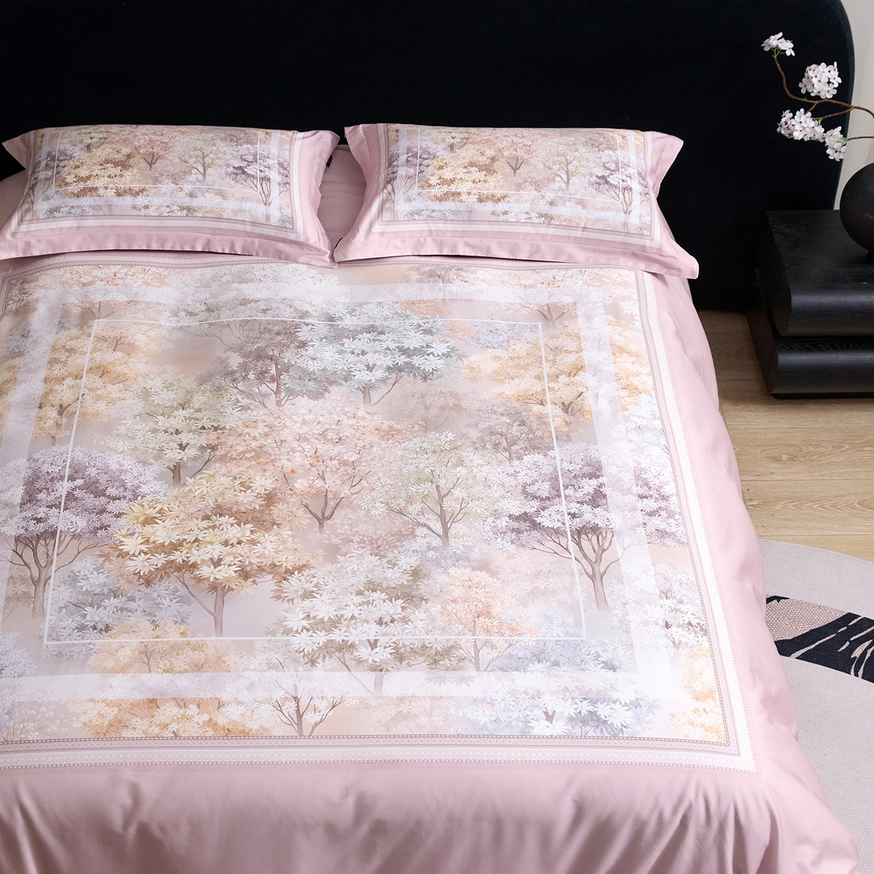 91家纺网 家纺一手货源 找家纺 梧桐树 2026新款60长绒棉平网大版系列四件套 P20锦瑟粉