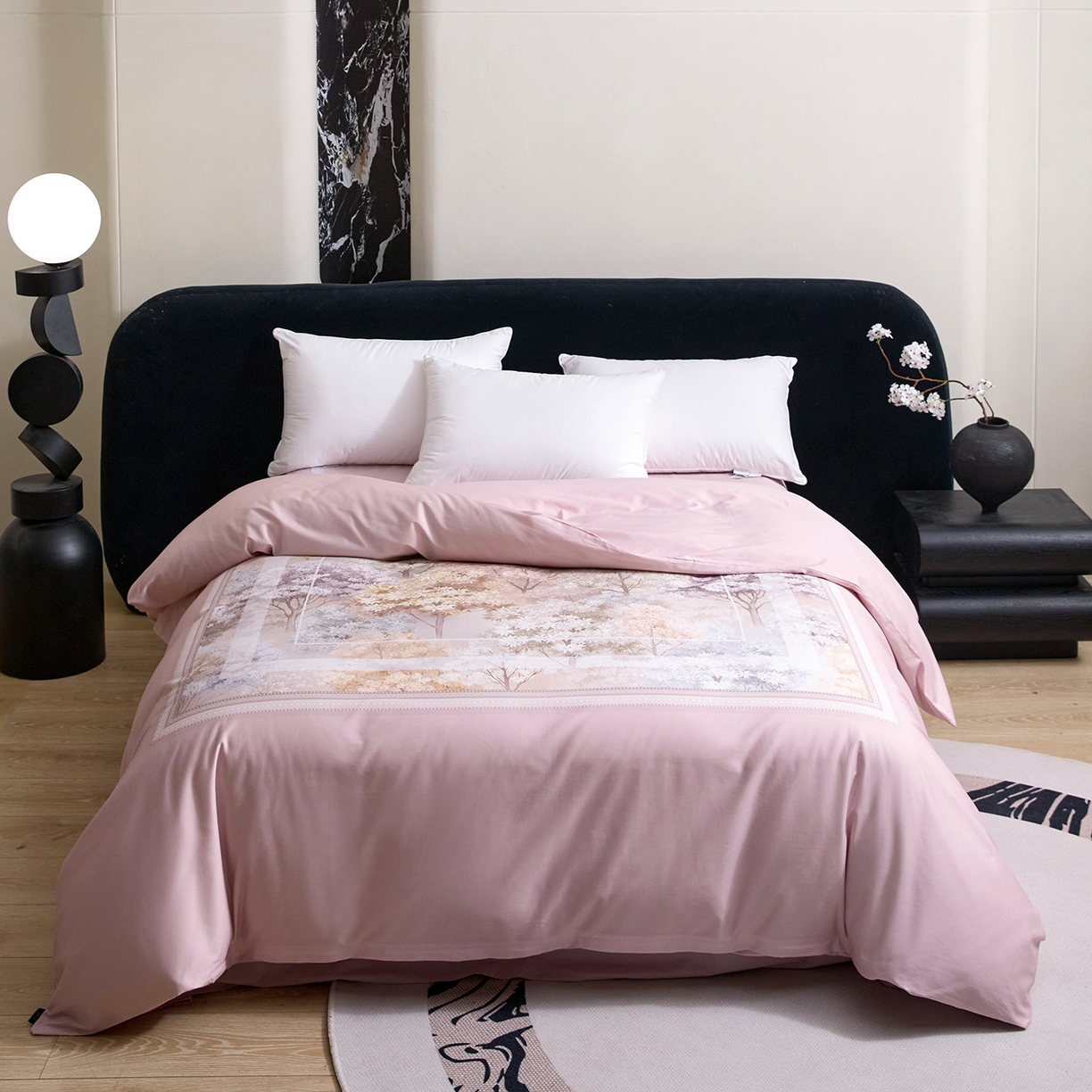 91家纺网 家纺一手货源 找家纺 梧桐树 2026新款60长绒棉平网大版系列四件套 P20锦瑟粉