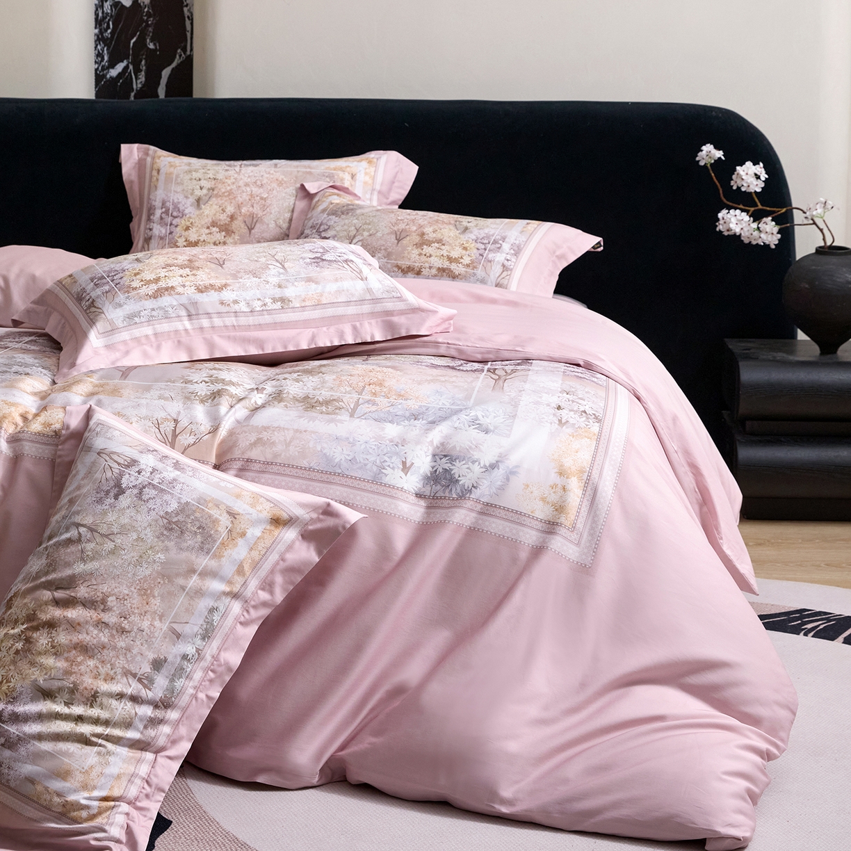 91家纺网 家纺一手货源 找家纺 梧桐树 2026新款60长绒棉平网大版系列四件套 P20锦瑟粉