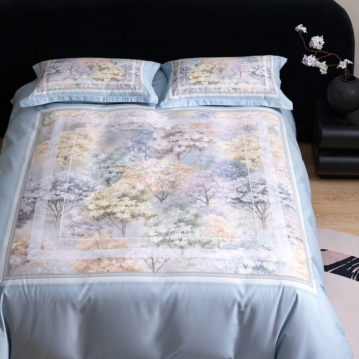 91家纺网 家纺一手货源 找家纺 梧桐树 2026新款60长绒棉平网大版系列四件套 P21锦瑟蓝