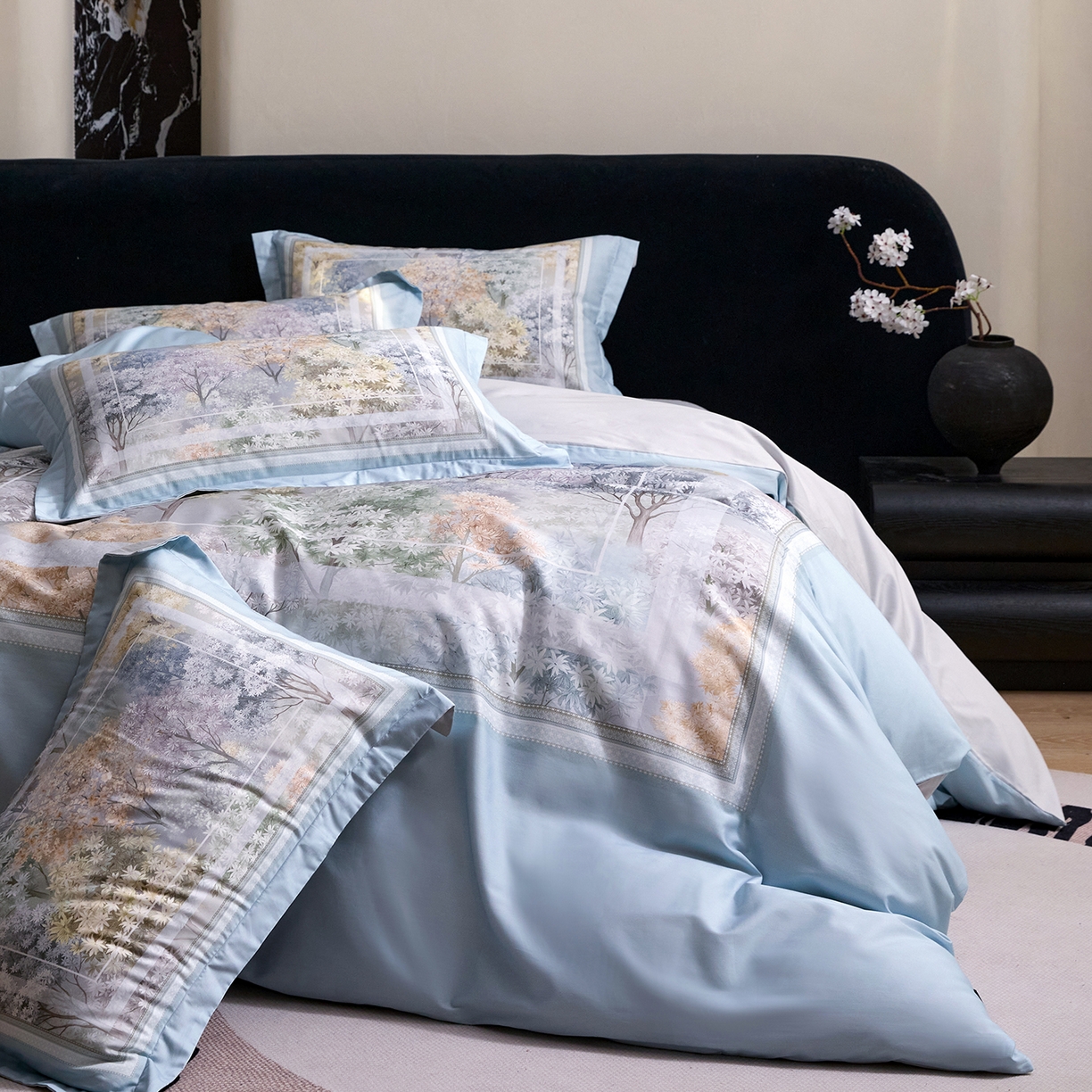 91家纺网 家纺一手货源 找家纺 梧桐树 2026新款60长绒棉平网大版系列四件套 P21锦瑟蓝